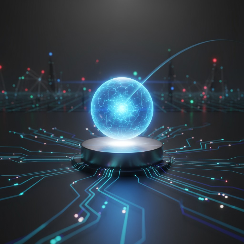 A futuristic globe with glowing blue circuit lines.