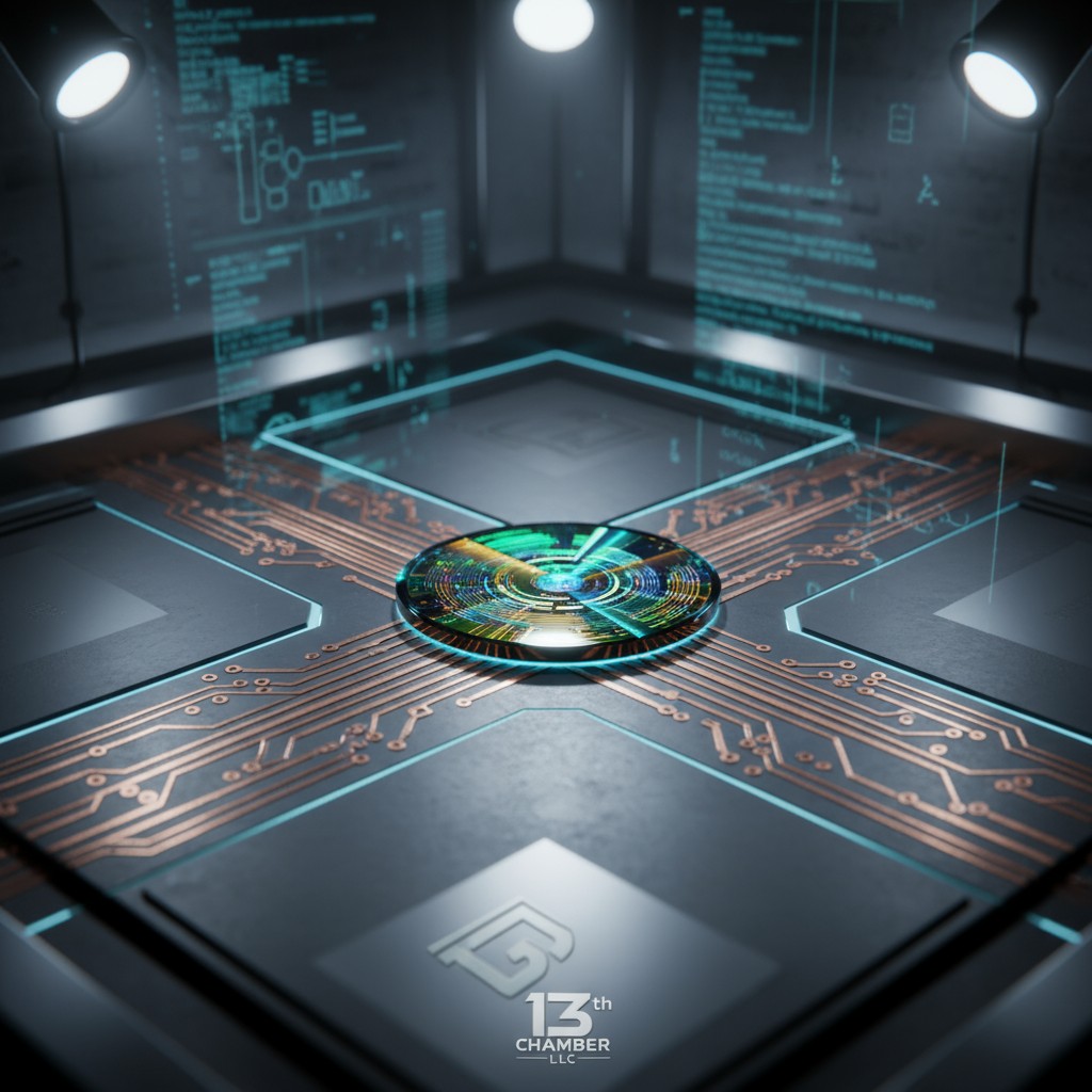 A futuristic computer chip with a circuit board design, prominent lighting, and a transparent glass-like surface.