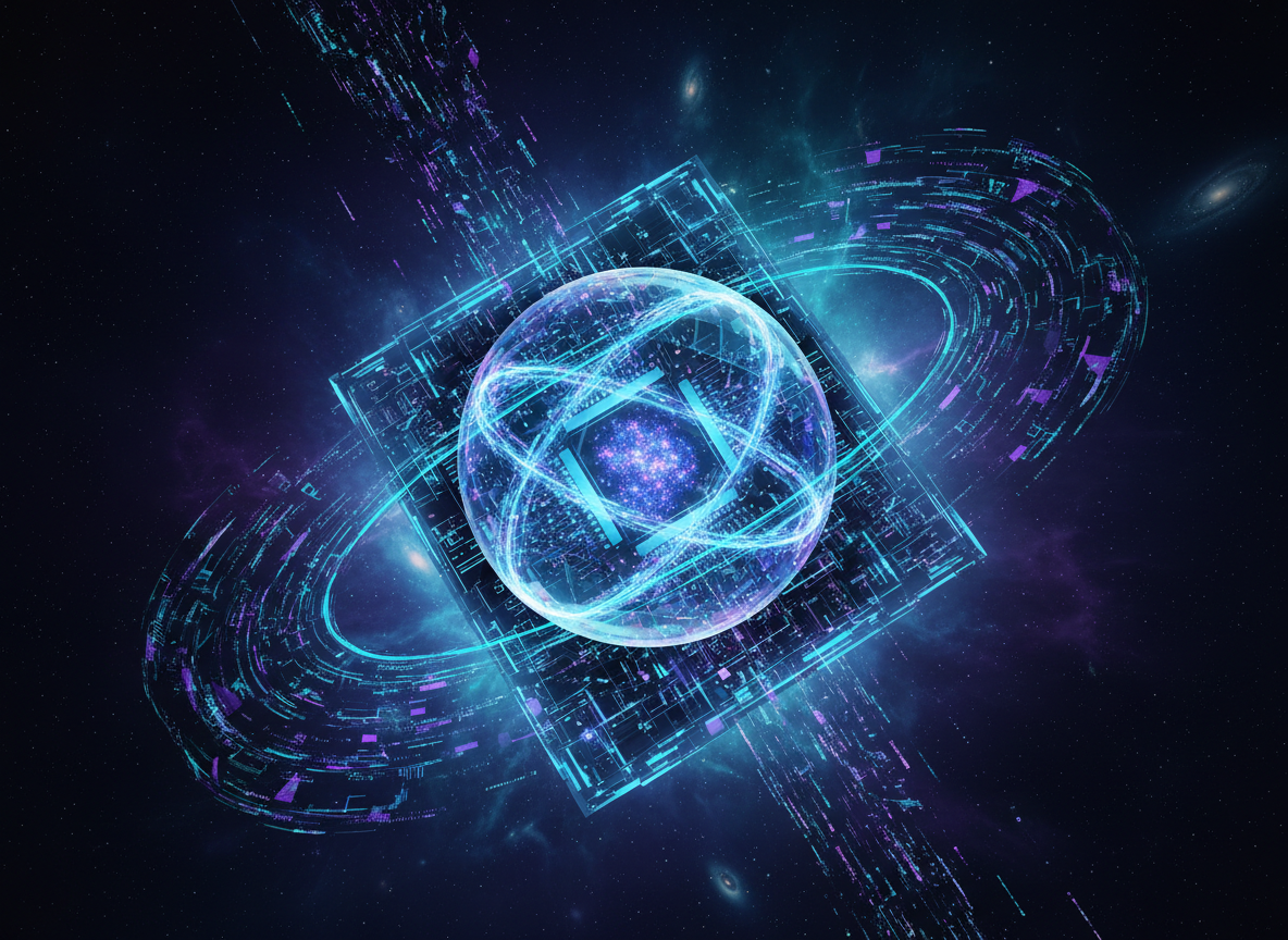 Futuristic quantum computing device with glowing qubits and neon energy rings